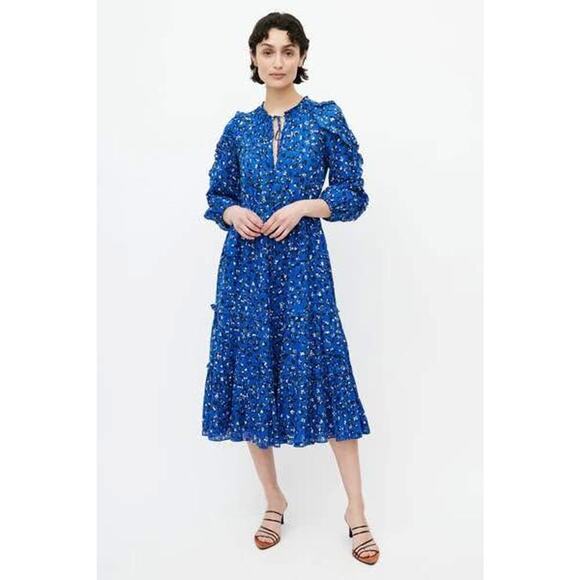 ULLA JOHNSON Women’s Size 2 Silk Blue & Multicolour Floral Ruffled Midi Dress - Picture 1 of 10